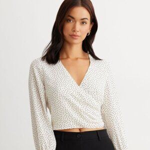 Dynamite Black and white polka dot wrap blouse